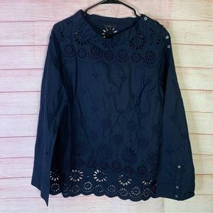 J Crew Navy Blue High Low Eyelet Blouse‎ Size 8